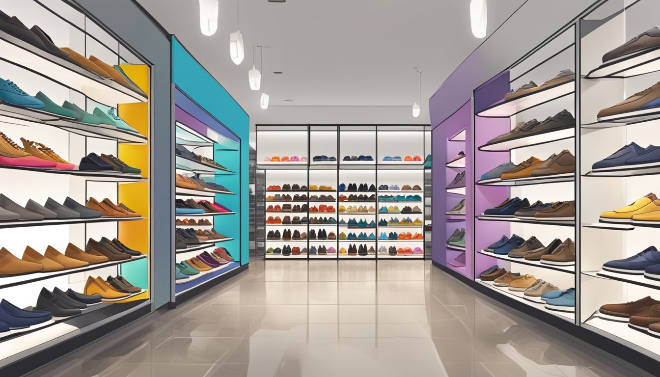 A colorful display of Naot shoes in a modern, well-lit shoe store in Singapore. Shelves neatly organized with various styles and sizes