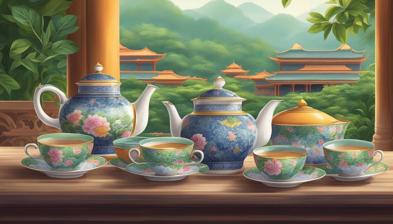 A table adorned with an array of colorful tea canisters and delicate teacups, set against a backdrop of lush greenery and traditional Asian architecture