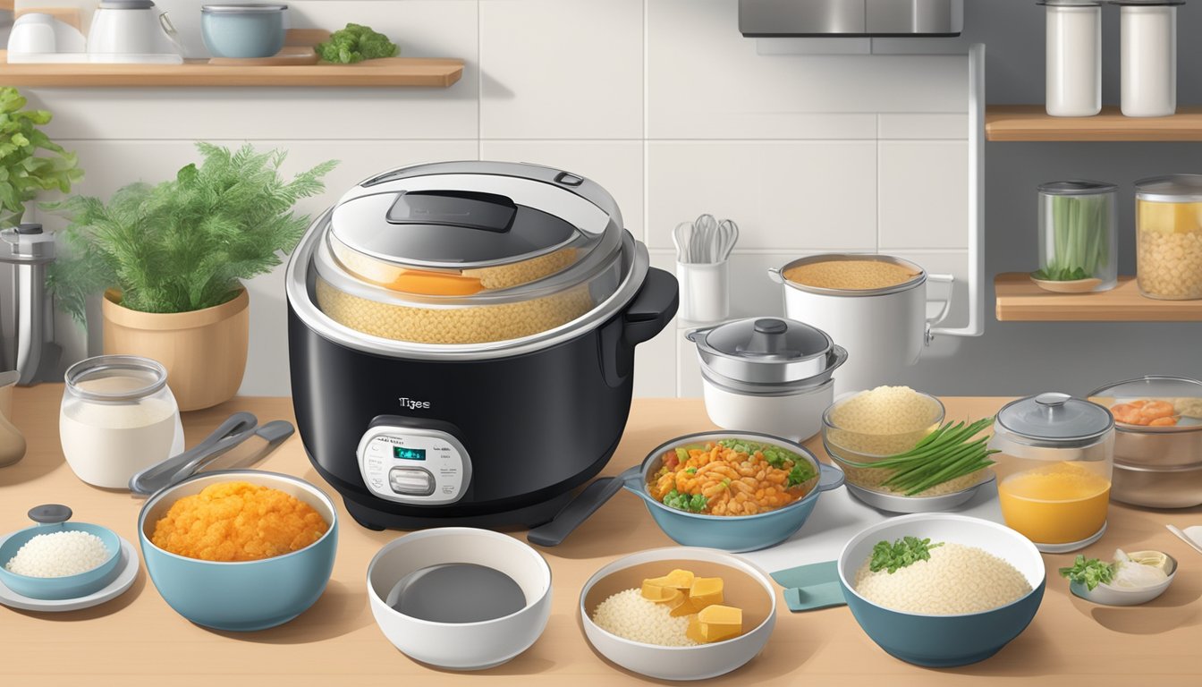 A tiger rice cooker sits on a kitchen countertop in Singapore, surrounded by various ingredients and utensils