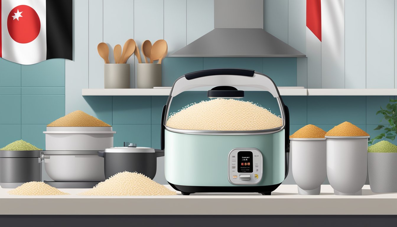 A modern kitchen with a sleek Tiger Rice Cooker on the countertop, surrounded by bags of rice and a Singaporean flag