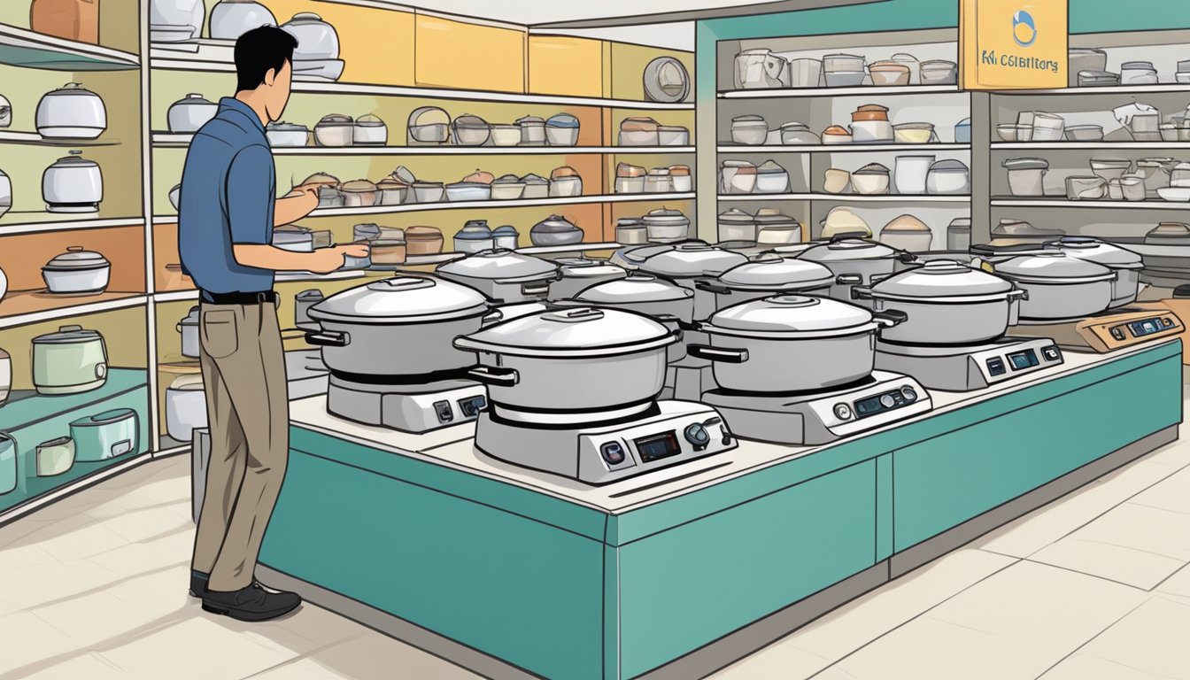 A customer comparing features of various rice cookers at a store in Singapore