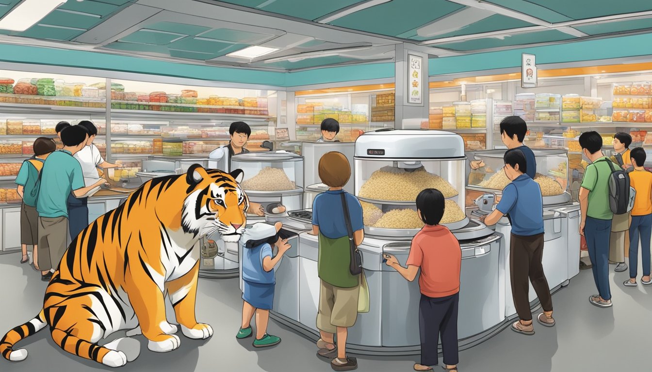 A tiger rice cooker surrounded by curious customers in a bustling Singaporean appliance store