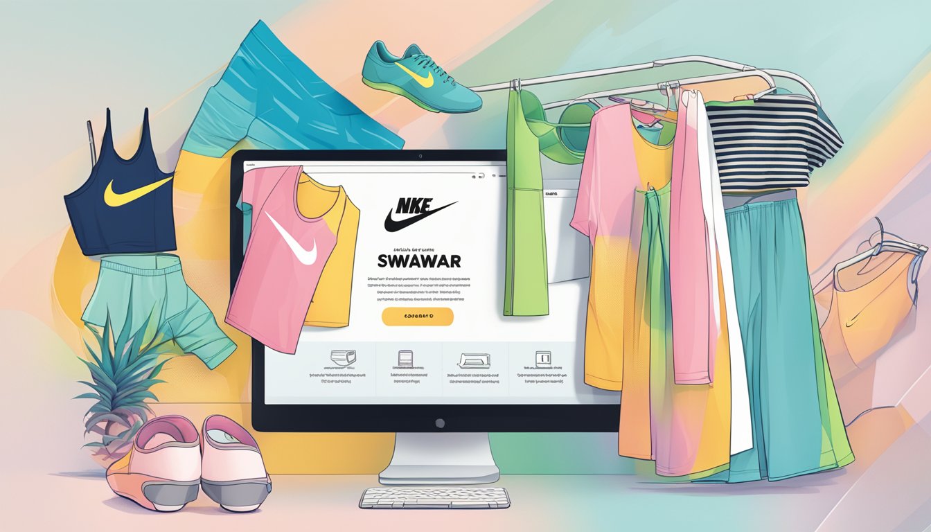 A computer screen displaying a website with a variety of Nike swimwear options. A cursor hovers over the "Add to Cart" button