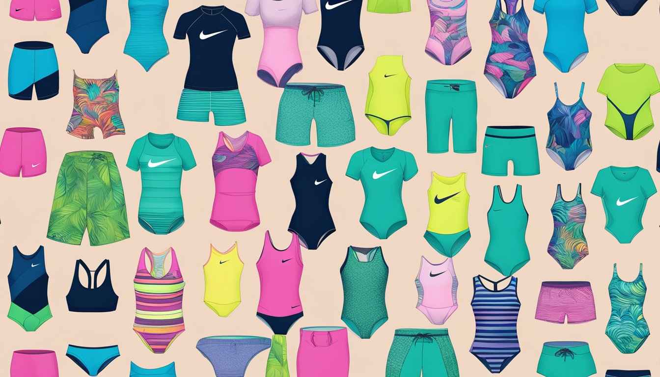 A colorful display of Nike swimwear arranged by price and style, with online purchasing information visible