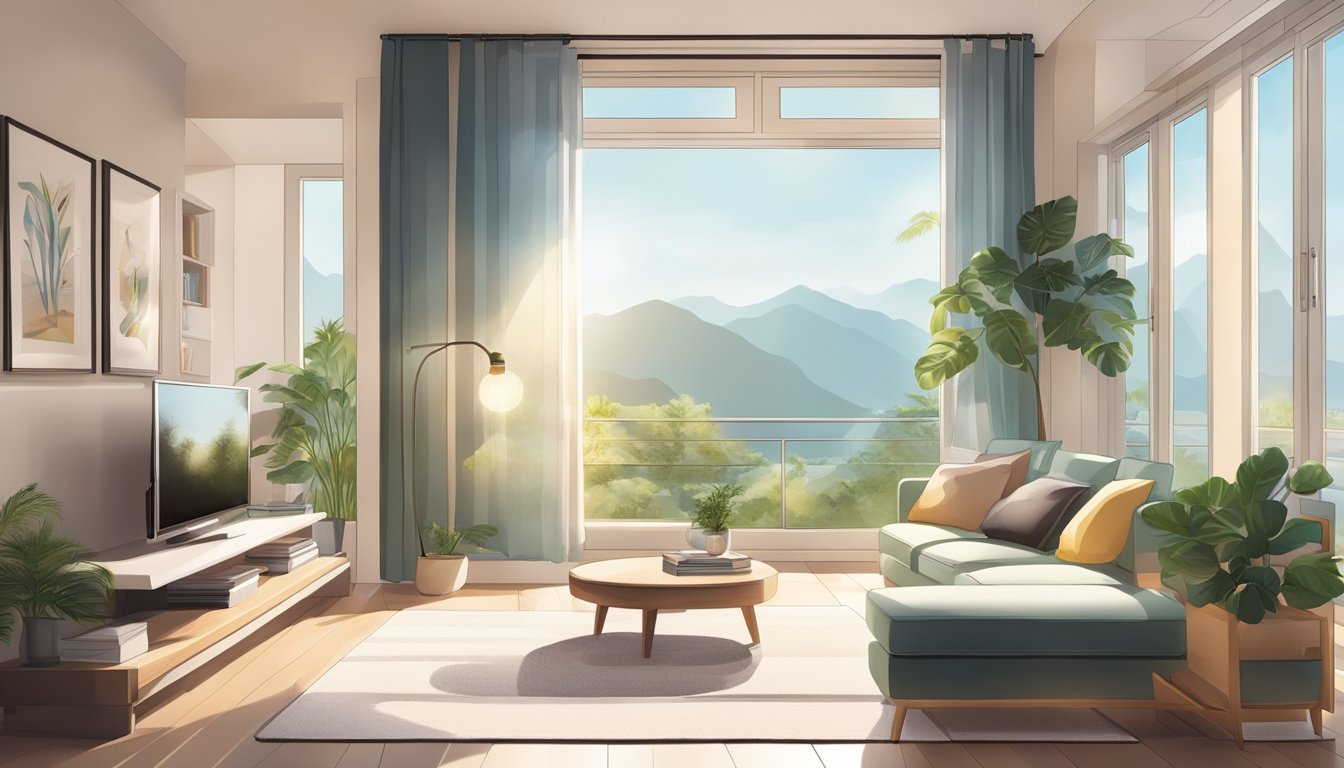 A cozy living room with a sleek, modern aircon unit mounted on the wall. The sunlight streams in through the window, highlighting the unit's energy-efficient features