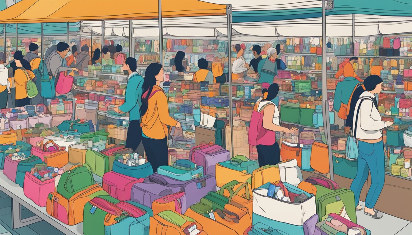 A bustling market stall displays an array of travel toiletry bags in vibrant colors and patterns, with customers browsing and making purchases