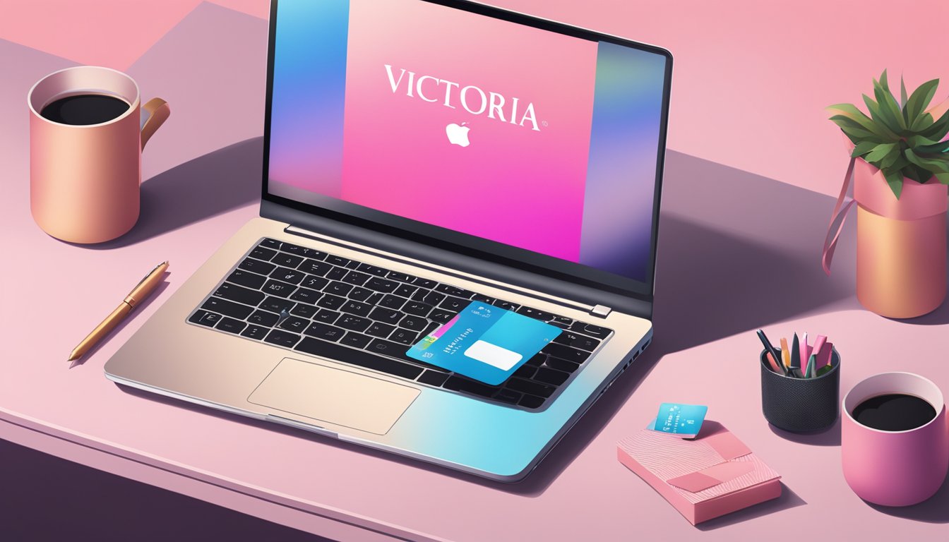 A laptop displaying the Victoria's Secret website on a desk, with a credit card and a shopping bag nearby