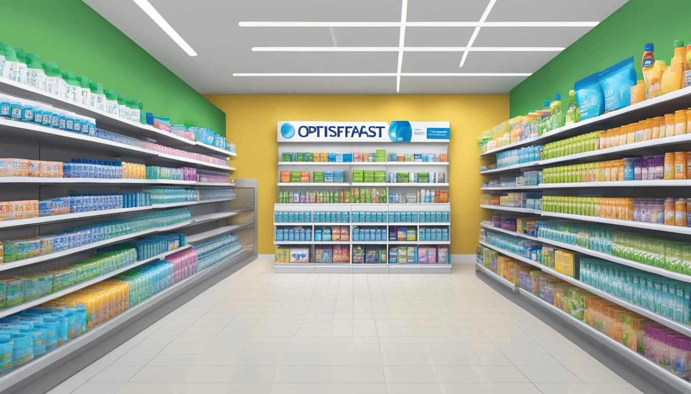 The Optifast product range is displayed on shelves in a Singaporean pharmacy, with various meal replacement shakes and bars neatly arranged