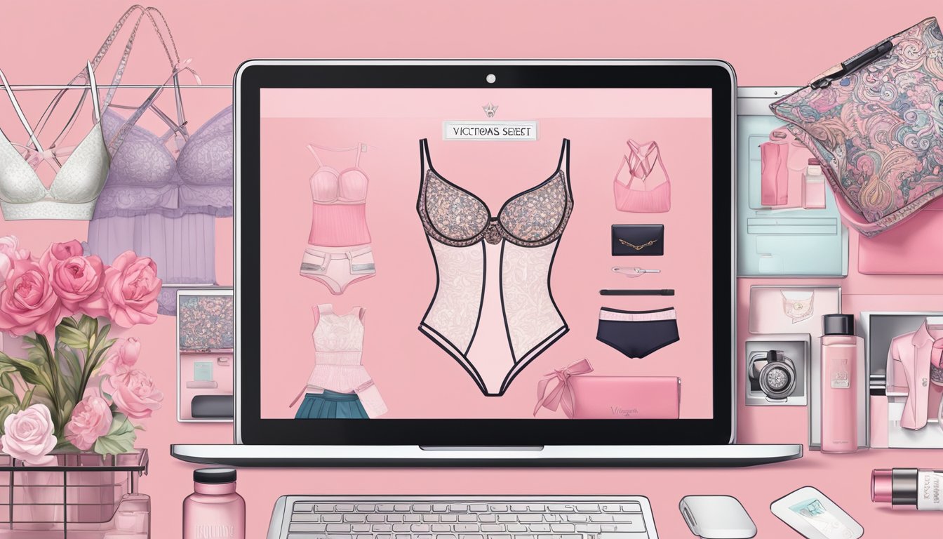 A laptop displaying the Victoria's Secret website, with the iconic logo and various lingerie products showcased on the screen
