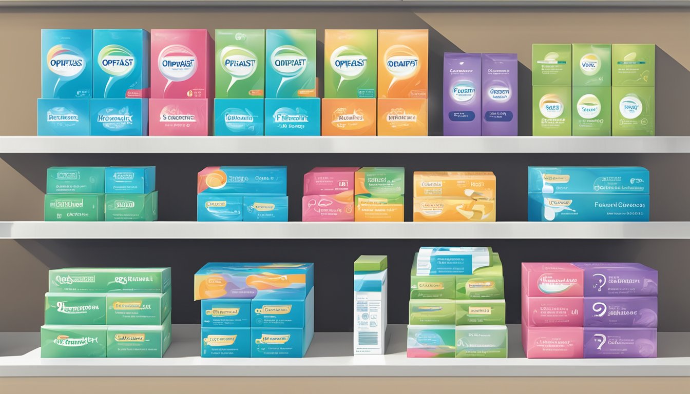 A stack of Optifast product boxes with a "Frequently Asked Questions" sign in a Singaporean pharmacy