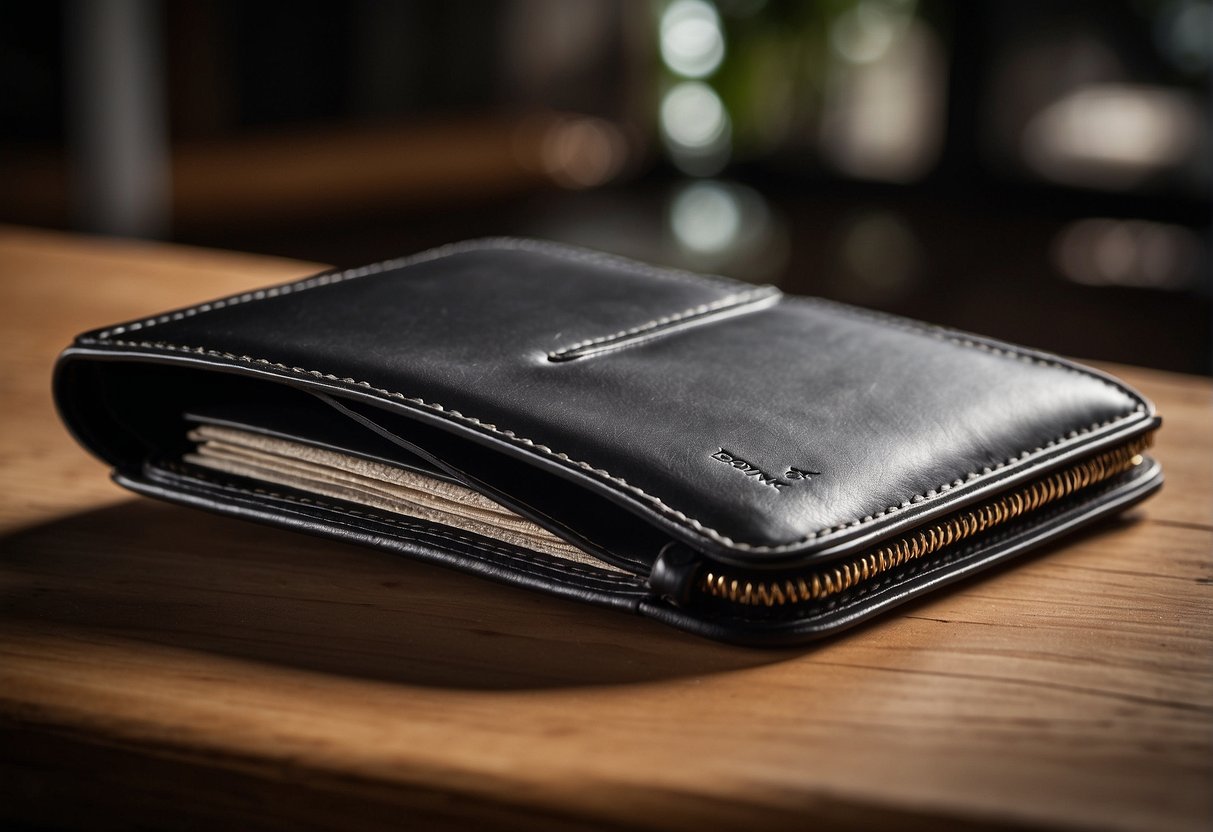 洗練されたモダンな財布を開くと、革新的なデザインと機能性が現れます。 「Bonk Wallet」のロゴが前面に大きく表示されています