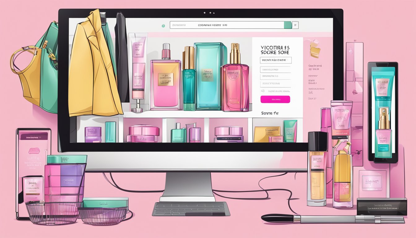 A computer screen displaying the Victoria's Secret online store with a variety of products and shopping tips