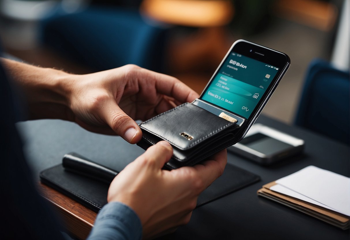 Una mano alcanza una elegante Bonk Wallet sobre una superficie limpia y moderna, con un teléfono inteligente cerca. La billetera está abierta, dejando al descubierto sus bolsillos interiores y ranuras para tarjetas.