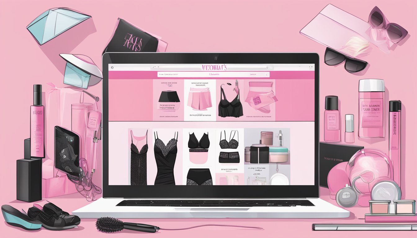 A laptop displaying the Victoria's Secret website with the FAQ section open, surrounded by pink and black lingerie and beauty products