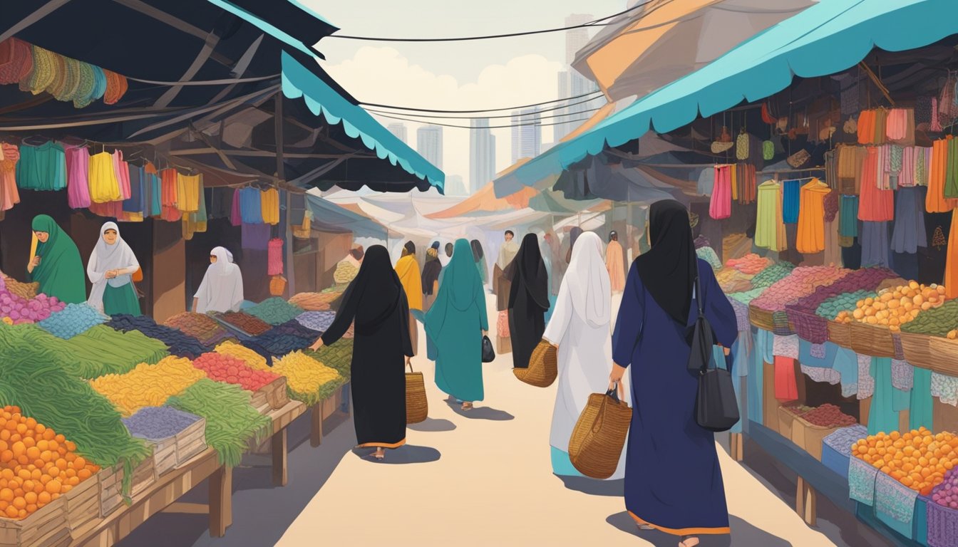 A woman walks through a bustling market in Singapore, browsing through various abayas on display at different stalls. The vibrant colors and intricate designs of the traditional garments catch her eye