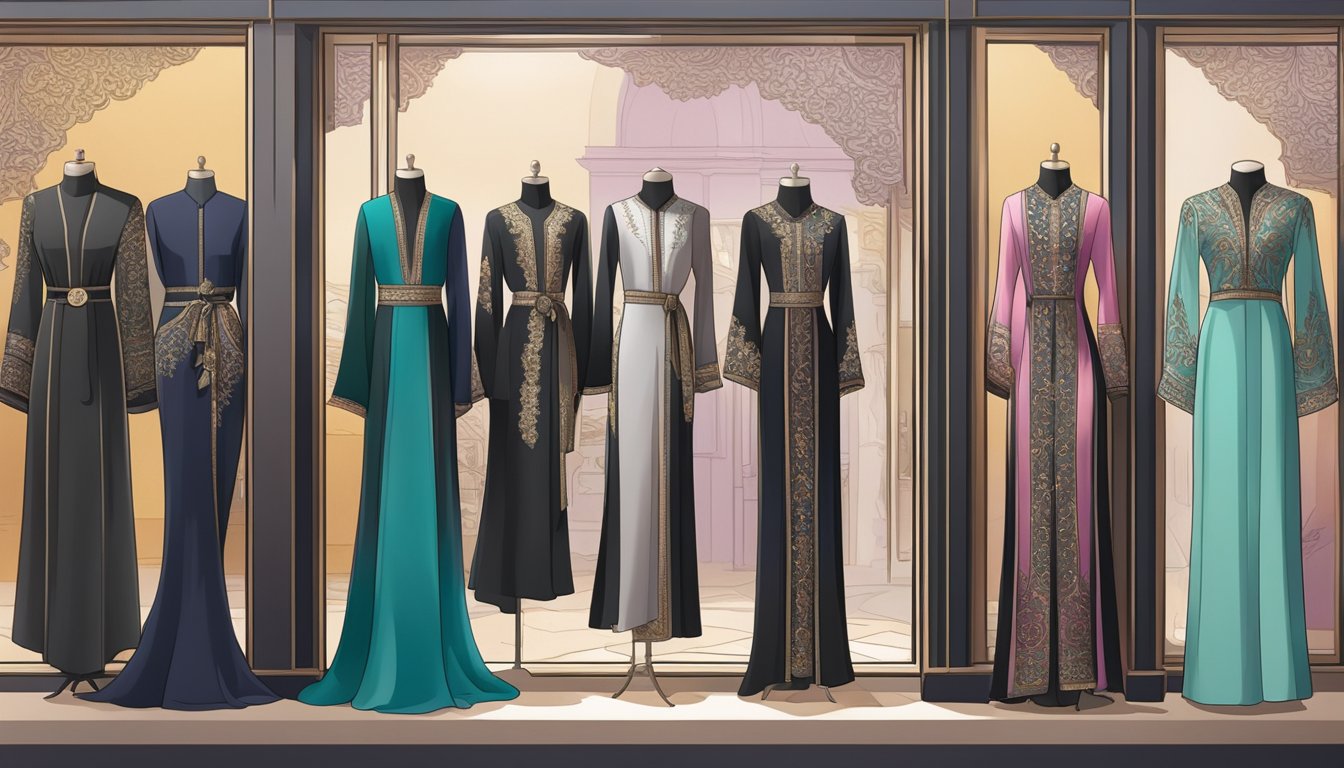 A colorful display of Abayas in a boutique window in Singapore, with intricate designs and luxurious fabrics