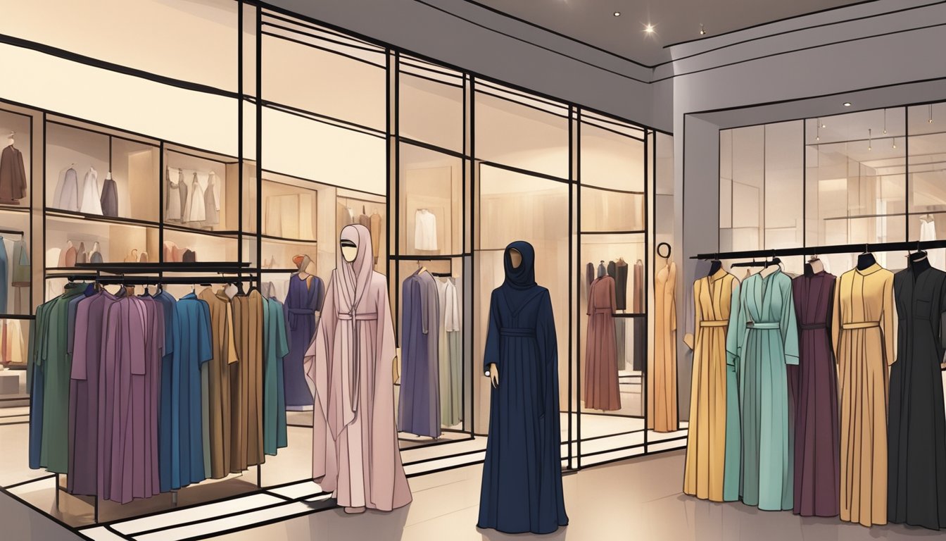 Customers browse colorful abayas in a modern Singapore boutique. Mannequins display elegant designs while soft lighting creates a serene shopping atmosphere