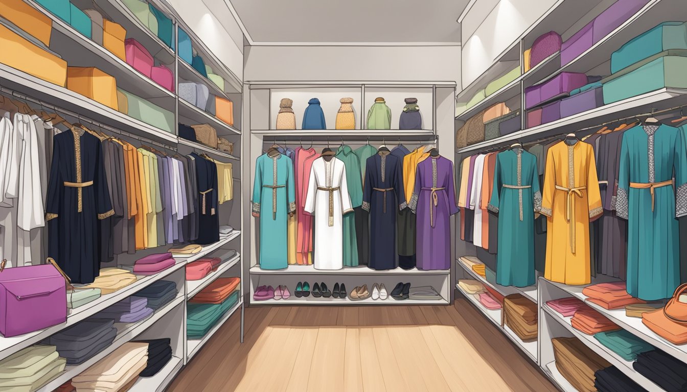 A display of colorful abayas with price tags, surrounded by shelves of accessories and a sign reading "Frequently Asked Questions" in a boutique in Singapore
