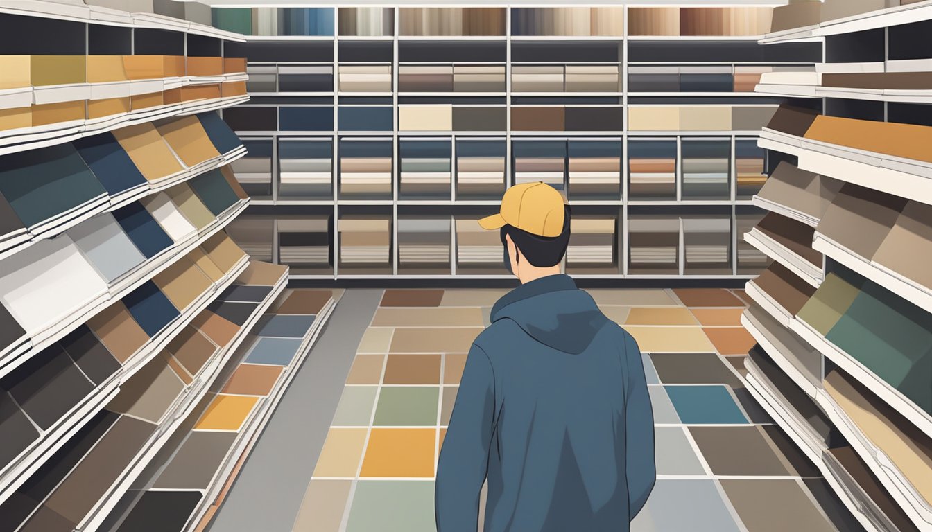 A customer browsing through various vinyl flooring options in a Singapore store, comparing textures and colors