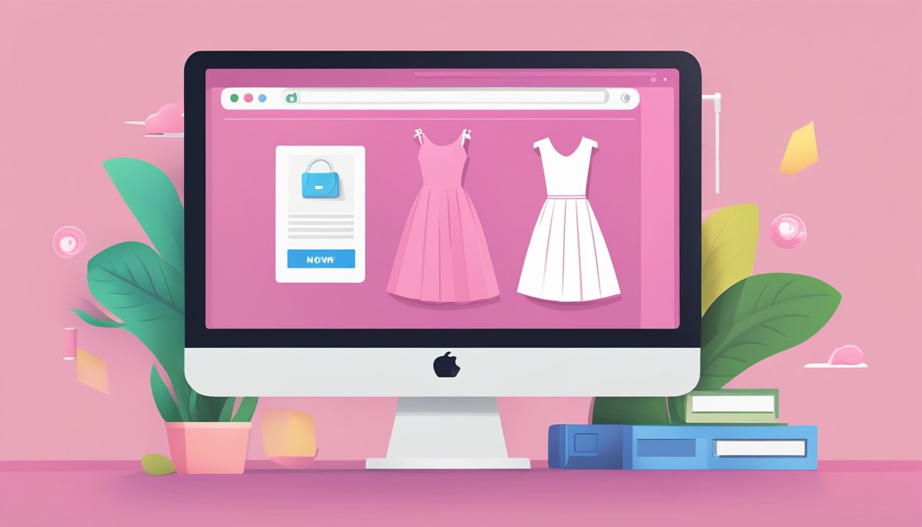 A computer screen displaying a pink dress on a website with a "buy now" button