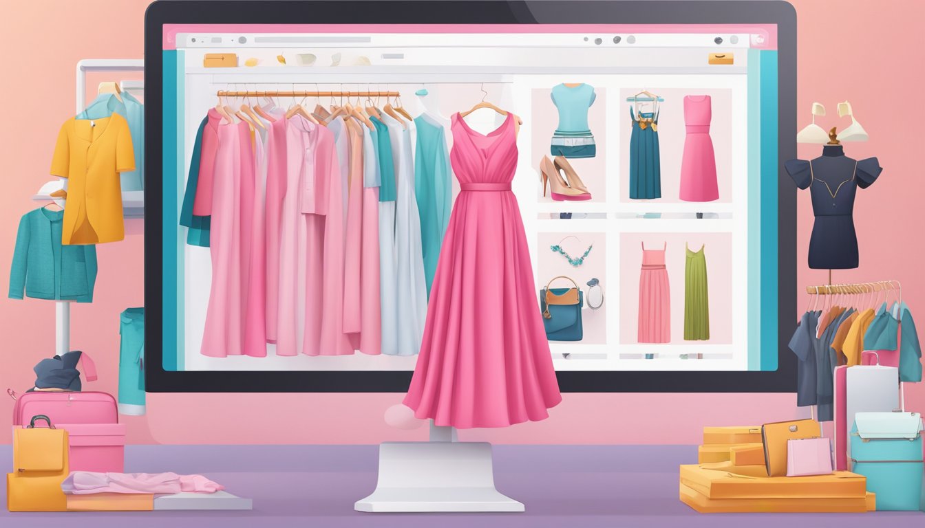 A pink dress displayed on a computer screen, surrounded by other clothing items. A cursor hovers over the "Add to Cart" button