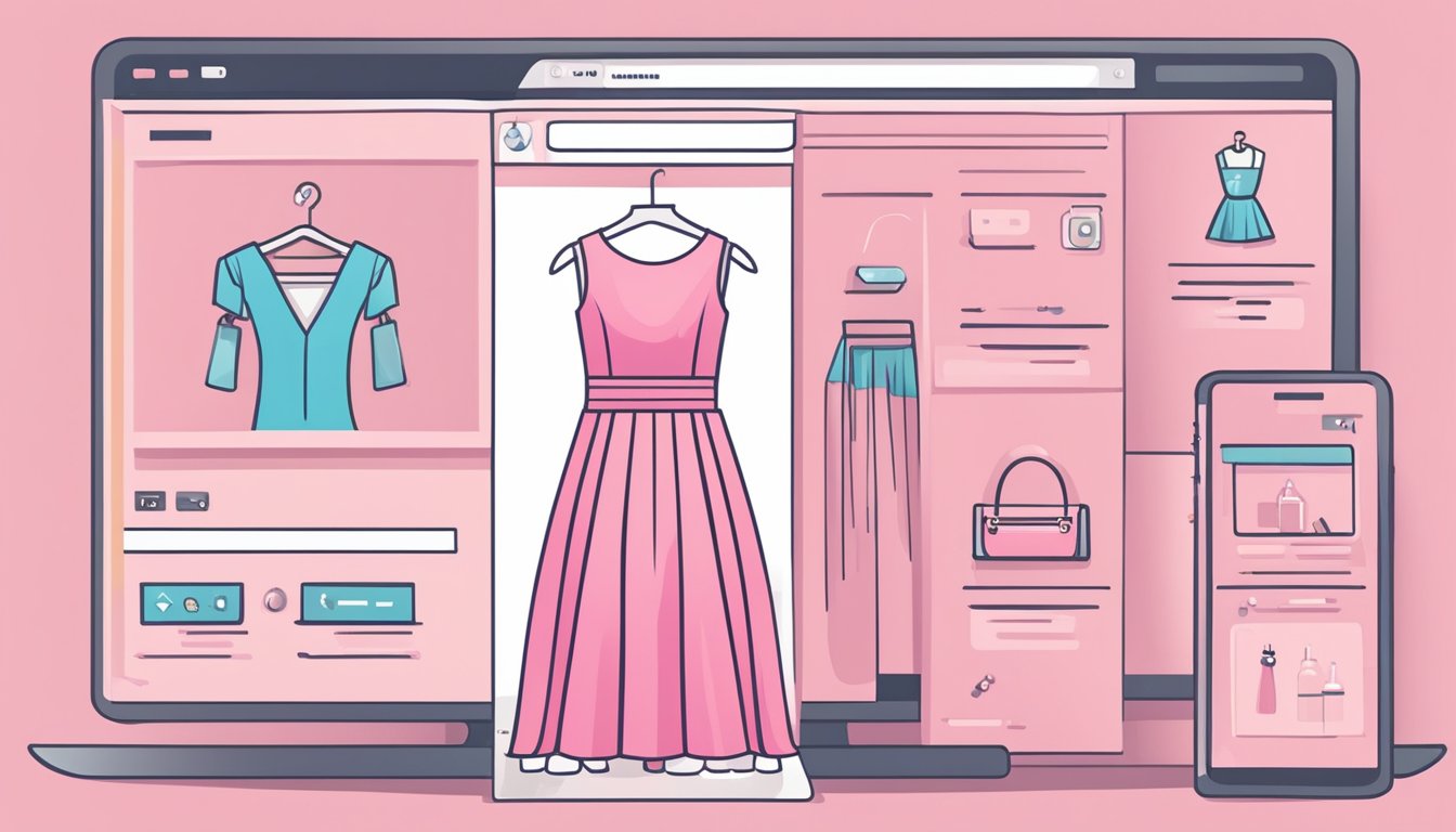 A computer screen displaying a pink dress on a website, with a cursor hovering over the "add to cart" button. Multiple tabs open with reviews and price comparisons