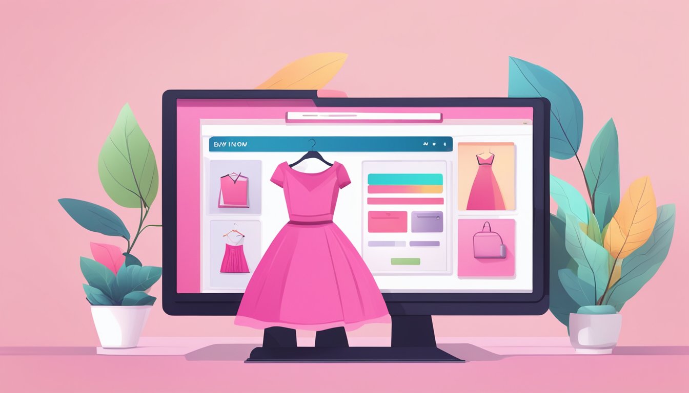 A computer screen displaying an online store with a pink dress, a FAQ section, and a "buy now" button