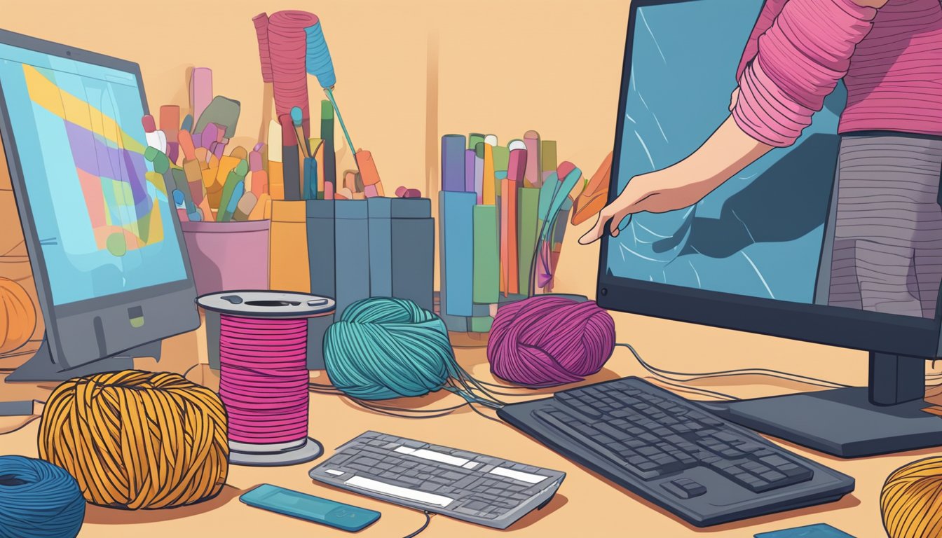 A hand reaches for a colorful spool of yarn on a computer screen, surrounded by various yarn options and a "buy now" button