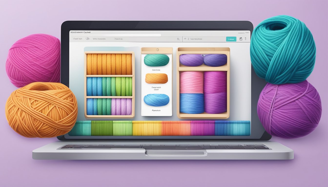 A computer screen displaying a variety of colorful yarn options with a "Add to Cart" button and secure checkout process