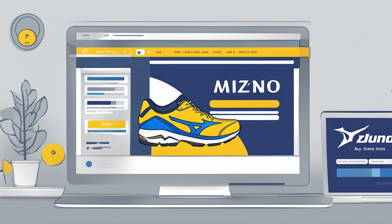 A computer screen displays a website with a "Buy Mizuno Shoes Online" button. A pair of Mizuno shoes is shown with various size and color options