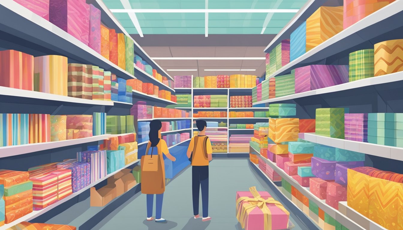 A bustling store in Singapore sells colorful wrapping paper. Shelves are lined with rolls and stacks of various designs and patterns. Customers browse and make their selections
