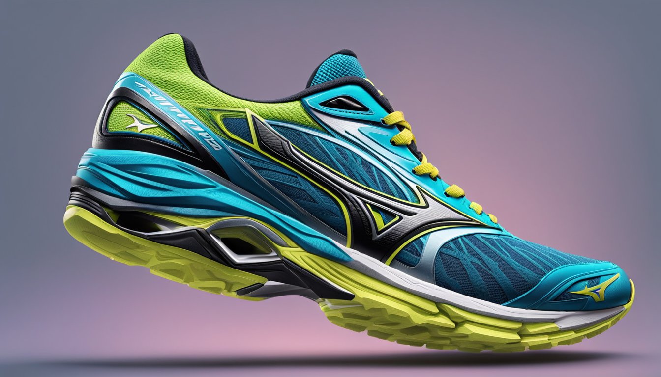A pair of Mizuno running shoes sits on a sleek display, catching the light and drawing attention. The vibrant colors and sleek design make them an enticing choice for any runner