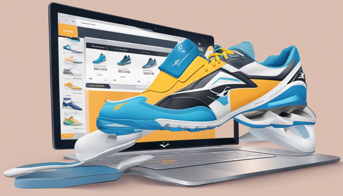 A computer screen displaying the Mizuno shoes website. A cursor clicks on the desired shoe, adding it to the digital shopping cart