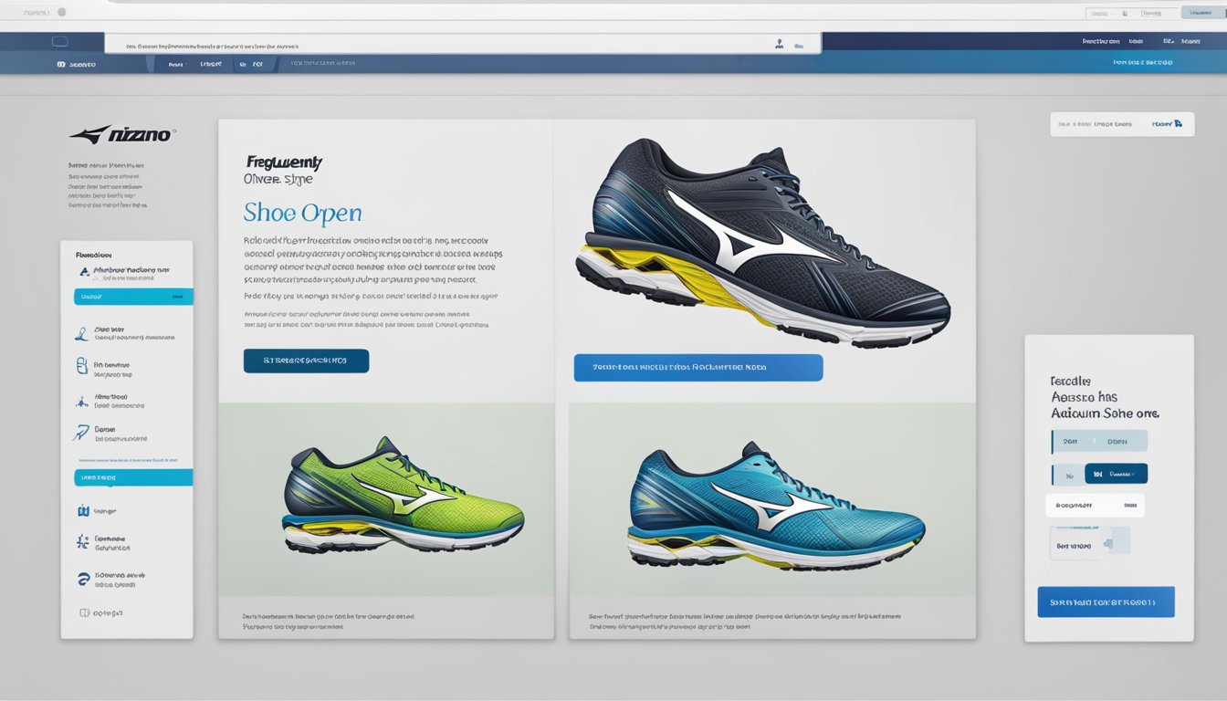A computer screen with a "Frequently Asked Questions" webpage open, showing a variety of Mizuno shoe options available for purchase online