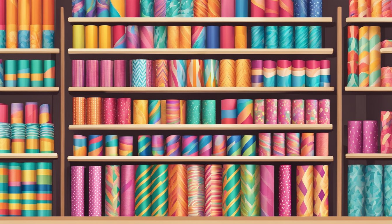 A colorful array of wrapping paper rolls displayed on shelves in a vibrant store in Singapore, with various patterns and designs to choose from