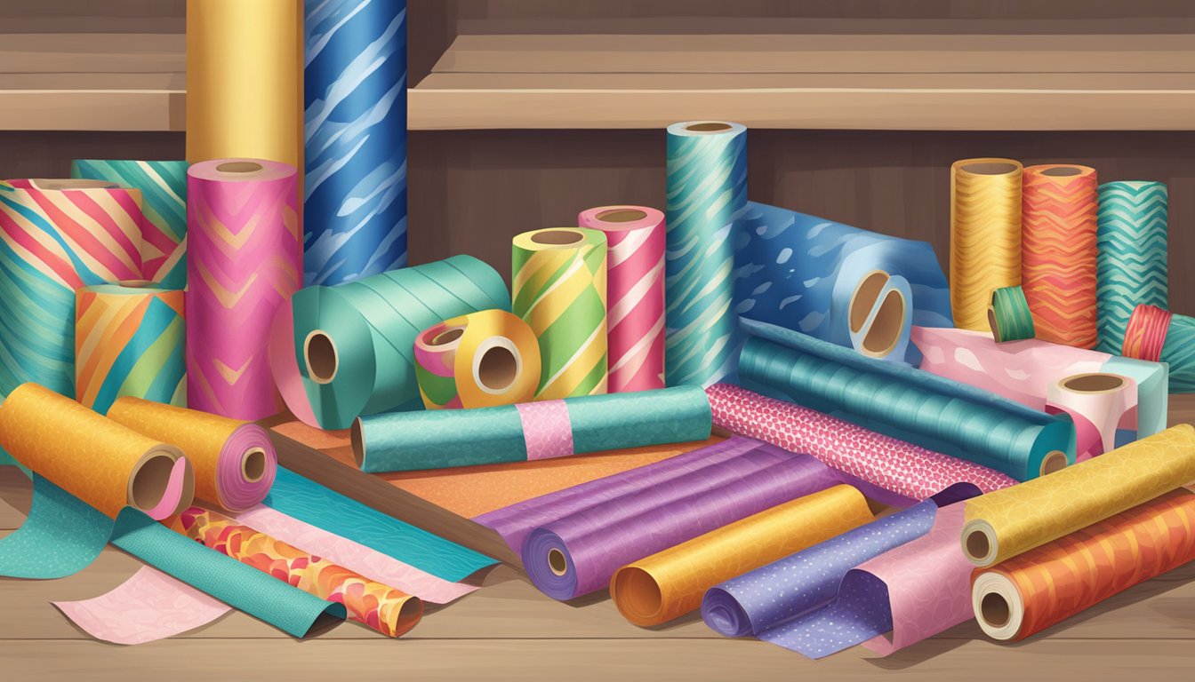 A table with various wrapping paper rolls and accessories displayed in a store in Singapore
