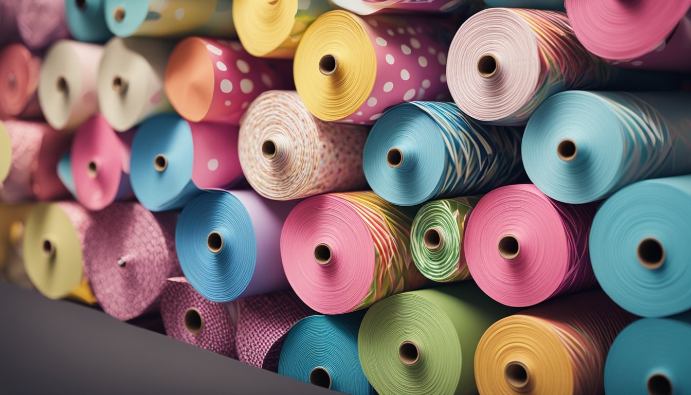 A stack of colorful wrapping paper rolls on display in a Singapore store, with a "Frequently Asked Questions" sign nearby