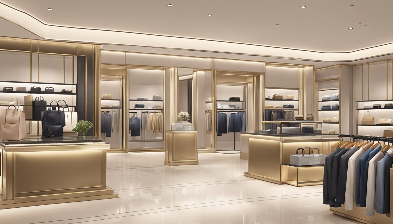 A luxurious store in Singapore showcases designer bags, with sleek displays and elegant lighting