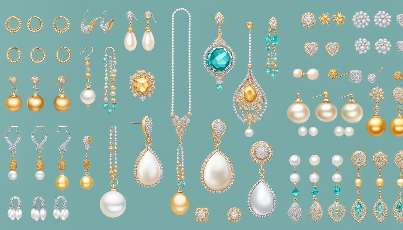 A computer screen displaying a variety of pearl earrings on a website, with a secure checkout button and customer reviews