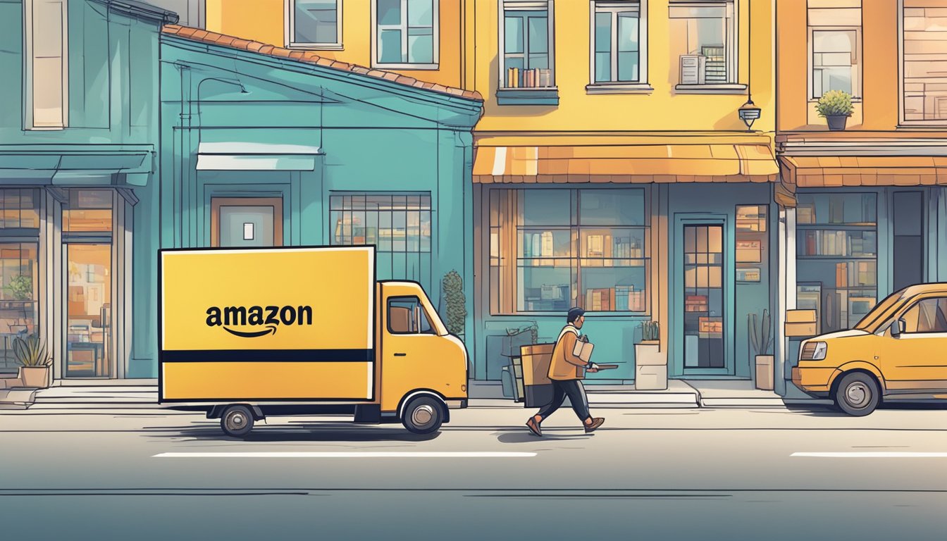 A person clicks "buy now" on Amazon Singapore, books appear in a cart, and a delivery truck speeds away