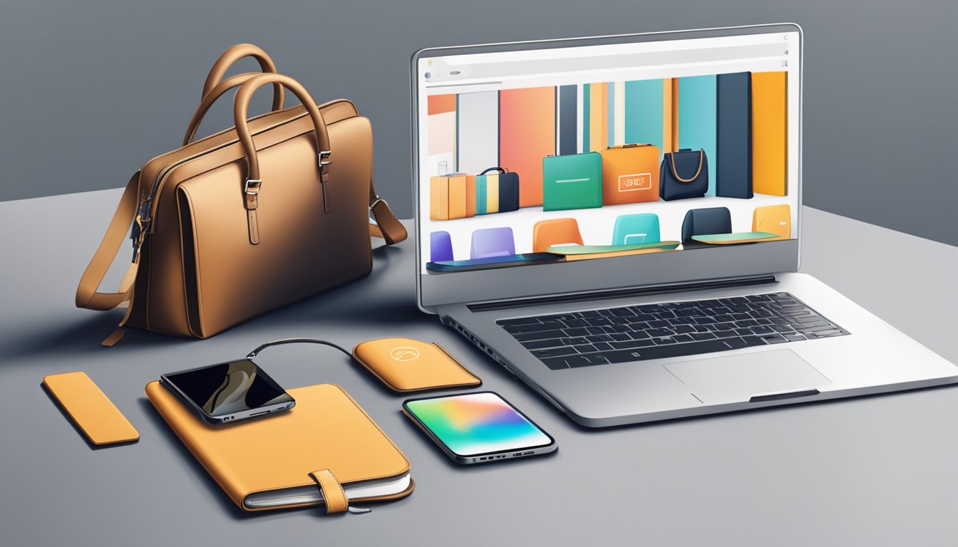 A laptop and a smartphone on a table, with a sleek branded bag displayed on the screen. A seamless online shopping experience