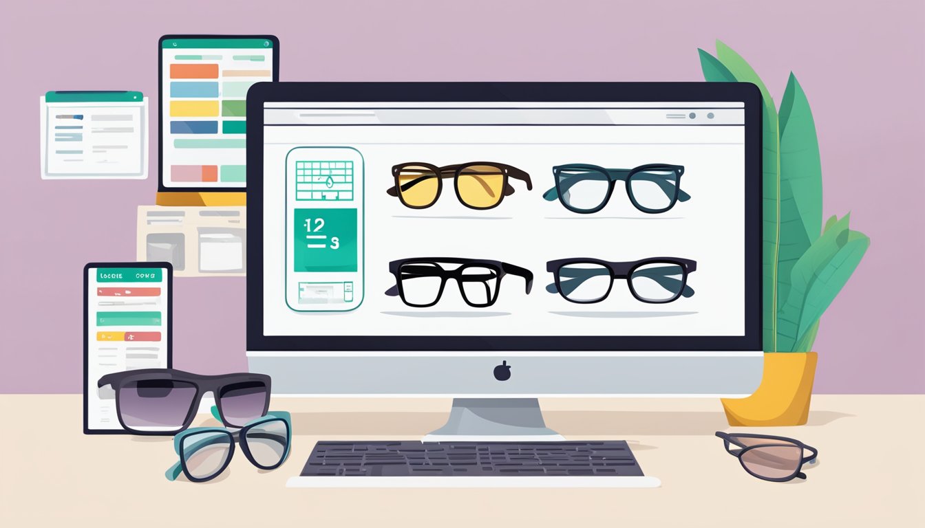 A computer screen displaying various online eyeglass retailers with discounted prices and special offers. Multiple tabs open, showing different styles and colors of prescription glasses