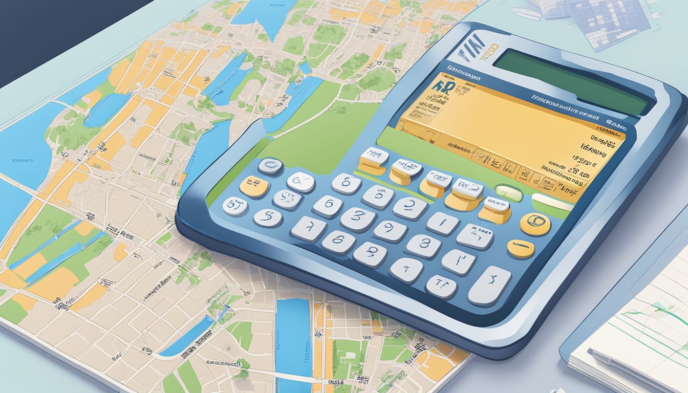 A calculator and a map of Singapore lay on a desk, with various property listings and affordability calculations spread out around them