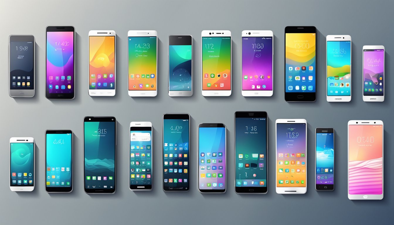 A display of various smartphones with features and prices labeled