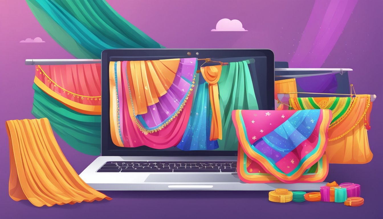 A laptop displaying a variety of colorful sarees on a website with a secure payment option