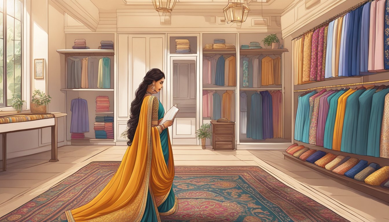 A woman effortlessly navigates an online saree store, browsing through a wide selection of vibrant fabrics and intricate designs. The seamless shopping experience allows her to easily select and purchase her desired saree, all from the comfort of her own home