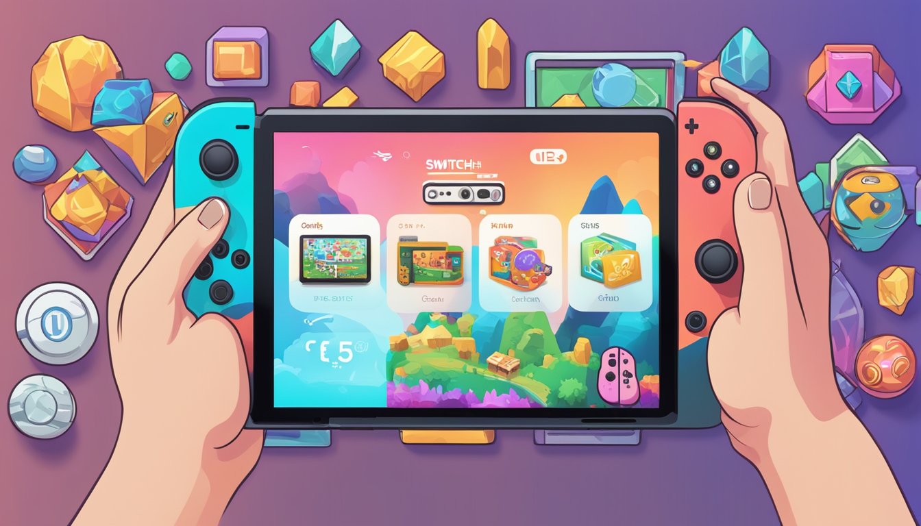 A hand holding a Nintendo Switch with a vibrant online store displayed on the screen. Icons of various games are visible, with a "Buy Now" button highlighted