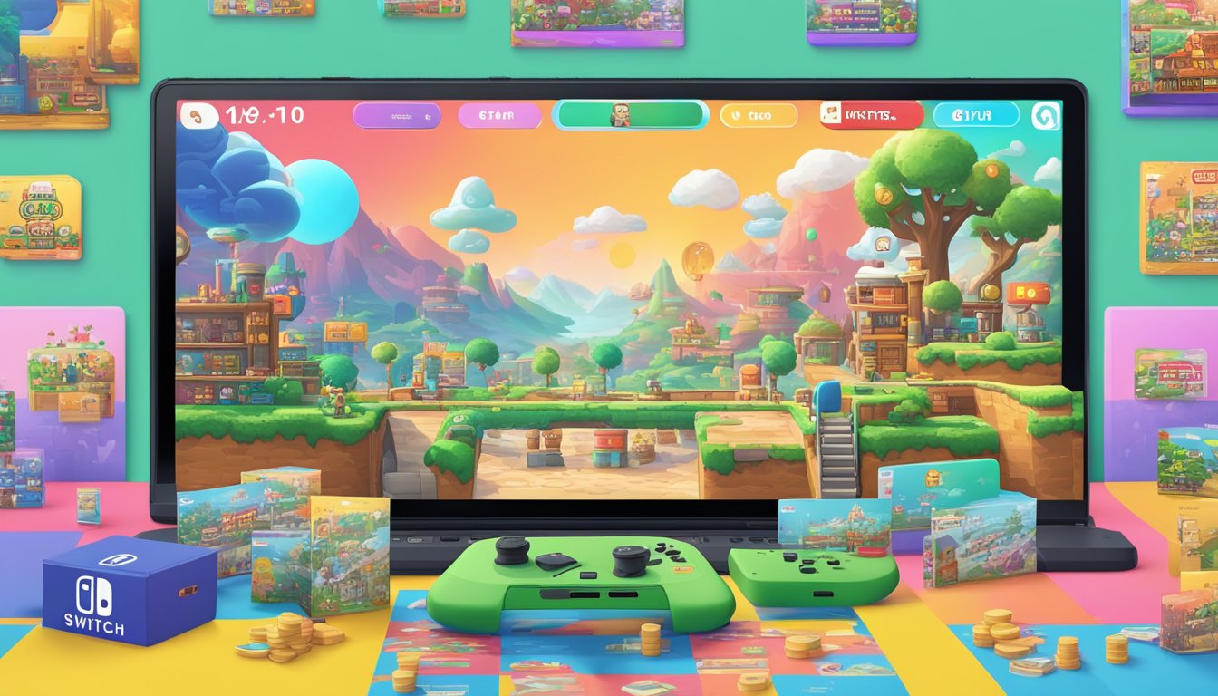 A colorful world of Nintendo Switch games, with game cartridges and a digital store interface for online purchases