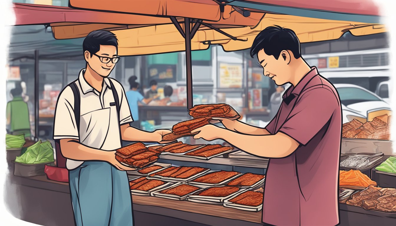 A person purchasing bak kwa from a vendor in Malaysia and bringing it back to Singapore