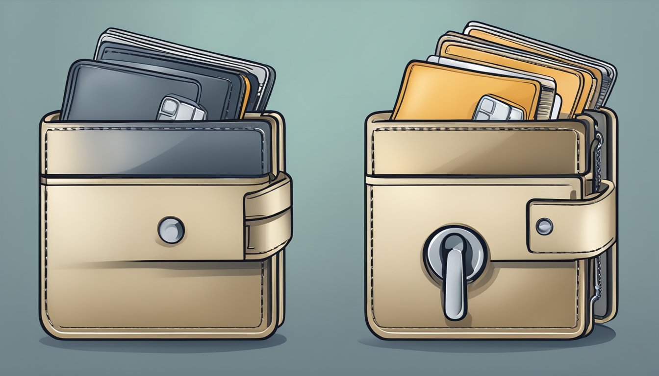 A custodial wallet is depicted as a locked vault with a key, while a non-custodial wallet is shown as a digital wallet with a secure lock symbol